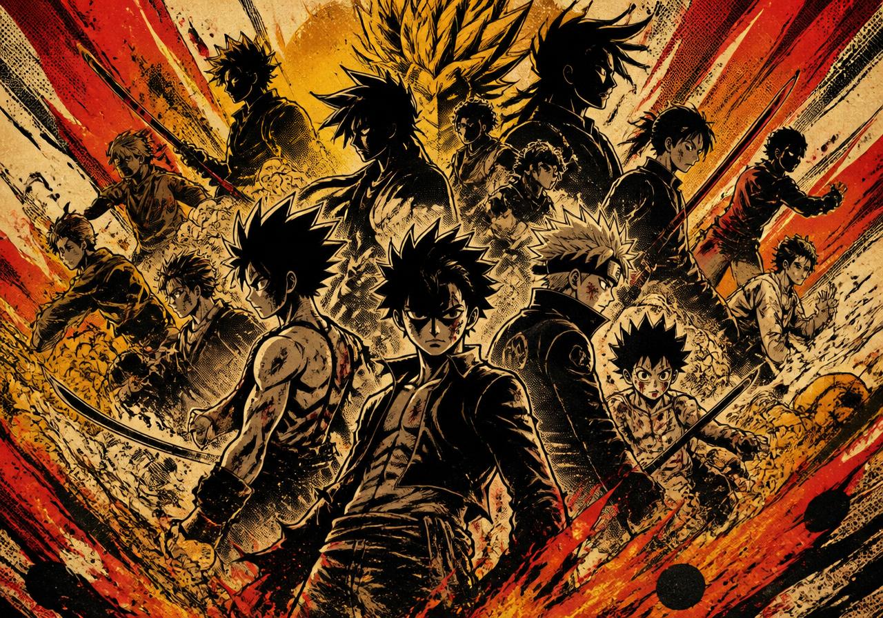 Héros de manga réunis pour un tournoi, encrage noir et lignes de vitesse